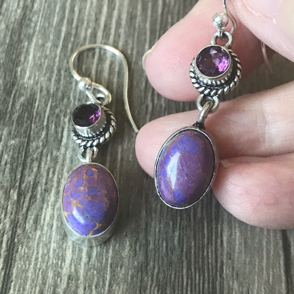 Purple Stone Drop Earrings with Amethyst Accents - Picture 3 of 5